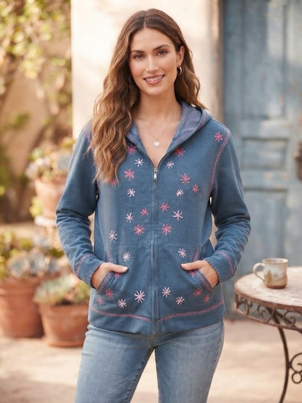 Upcycled GAP Blue Zip-Up Hoodie with Hand Embroidered Flowers and Edges size XL